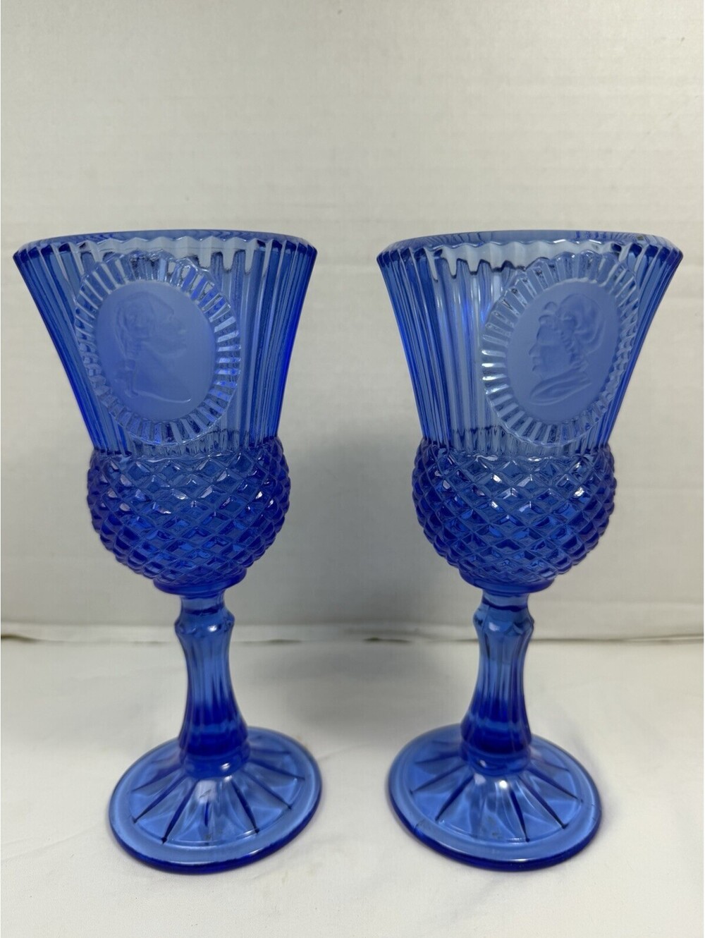 Vintage 1976 Avon Fostoria Cobalt Blue George Martha Washington Goblets Pair